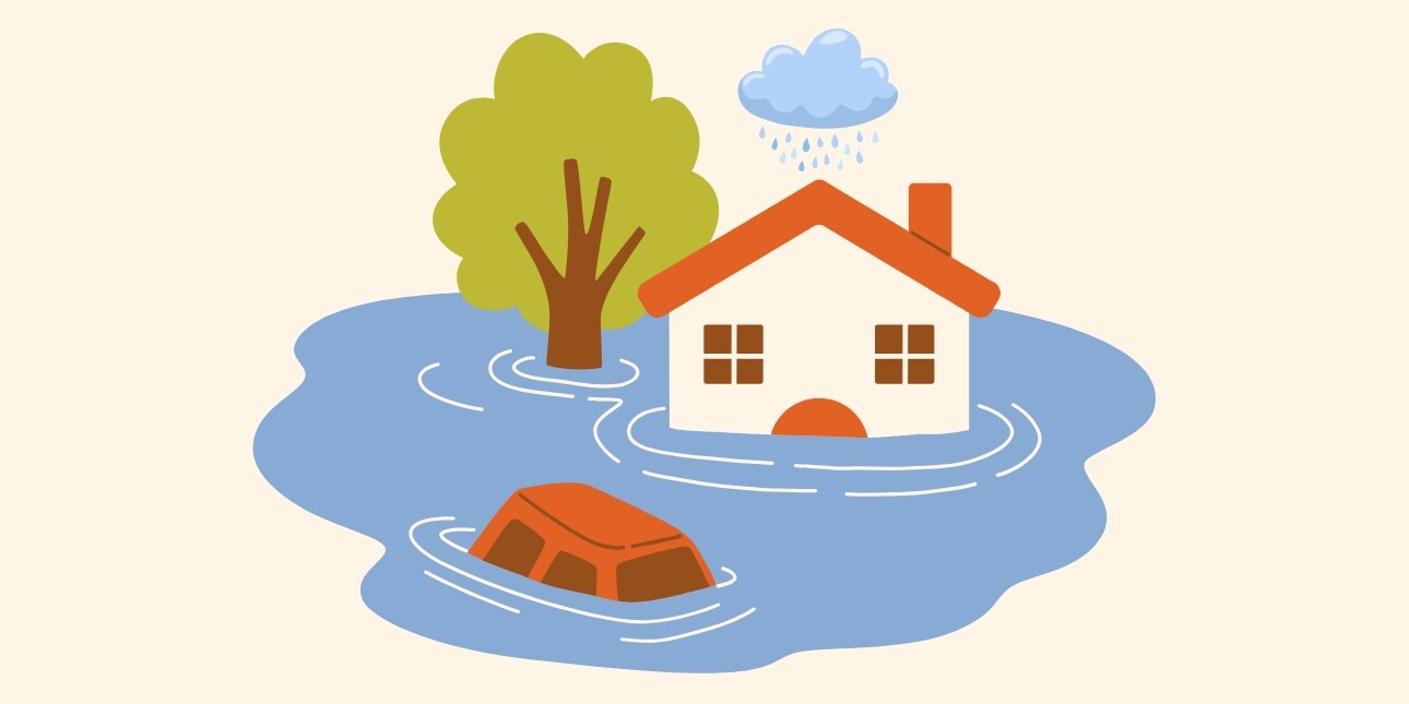 An illustration of a house, tree and red car submerged in water with a rain cloud over them